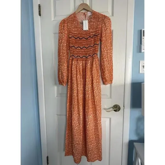 LORETTA CAPONI Lea Dress Orange Daises $759 NWT Extra Small XS Tuckernuck - Picture 2 of 9